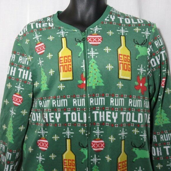 Christmas Union Suit Green Egg Nog Rum One Piece Pajamas Size Small - Picture 3 of 8